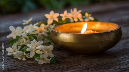 Traditional brass diya with a glowing flame, surrounded by fresh jasmine garlands.