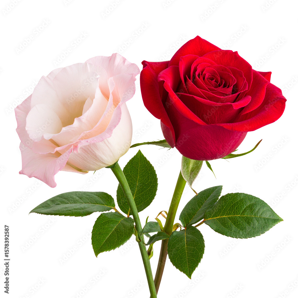 Fototapeta premium Red Rose and Eustoma Floral Duo in Loose Diagonal Layout, Isolated PNG