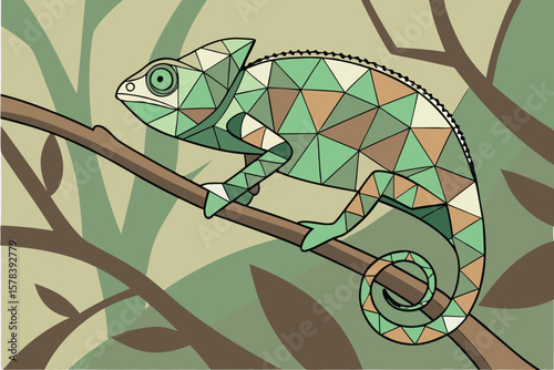 Geometric chameleon resting on a branch with a curled tail in a leafy green background scene art