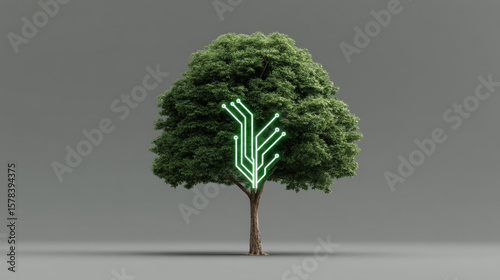 Vibrant green tree with glowing neon circuit pattern embedded its trunk and branches symbolizes fusion of nature and technology, representing