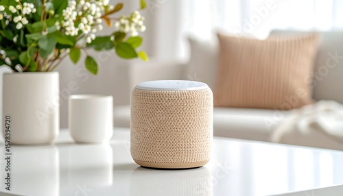 Speaker Device on Table with Flower Vase in Home Interior
