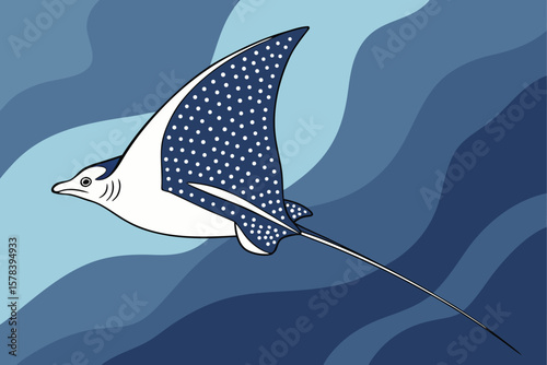 A spotted eagle ray gracefully glides through the ocean waters with its long tail and elegant wingspan