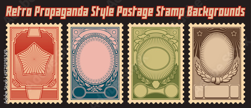 Retro Propaganda Postage Stamp Backgrounds. Decorative Linocut Backgrounds, Vector Templates for Propaganda Posters, Covers, Illustrations