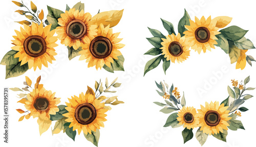 Watercolor Sunflower Floral Arrangements for Wedding Invitations and Summer Designs