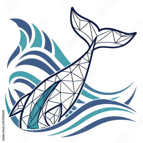 Geometric whale breaching the ocean surface with stylized waves in shades of blue and teal design
