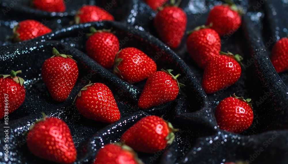 Fototapeta premium Fresh strawberries on dark fabric (1)