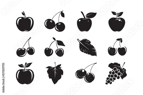 Collection of black silhouette fruit icons featuring apples cherries grapes and leaves on white background