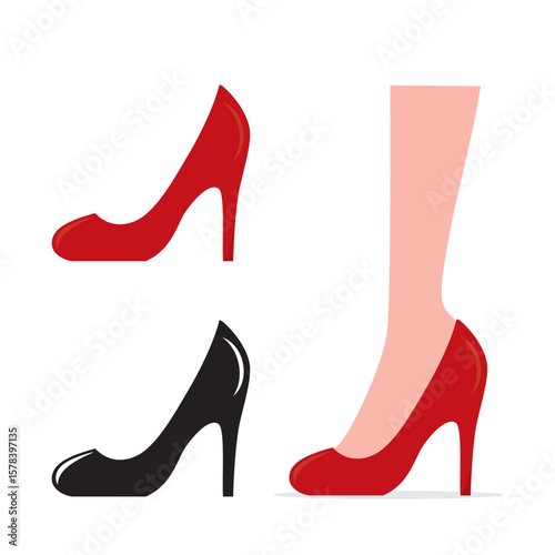 Women's high heel shoes icons set. High heel footwear, red shoes and black silhouette isolated on white background. Female leg in high-heel shoes, elegance and luxury clothes.
