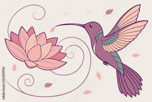 Hummingbird hovering near a lotus flower with swirling vines and falling petals in soft colors