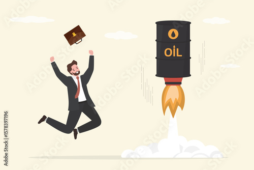 Rocket with crude oil barrel flying high up into sky. Price skyrocket reaching record. Happy trader or investor with profit. Rising oil prices.