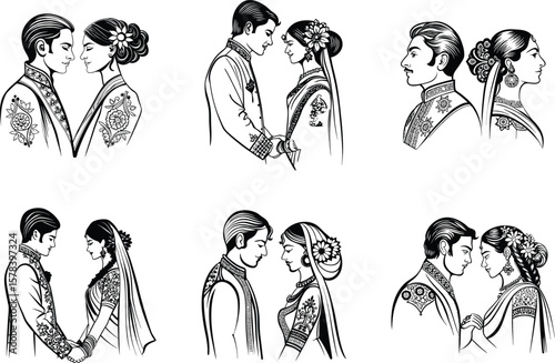 Indian wedding couple bride and groom in traditional attire with flower garlands