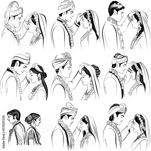 Indian wedding couple bride and groom in traditional attire with flower garlands