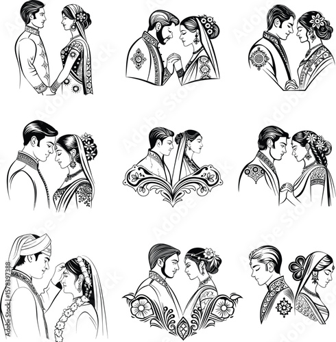 Indian wedding couple bride and groom in traditional attire with flower garlands