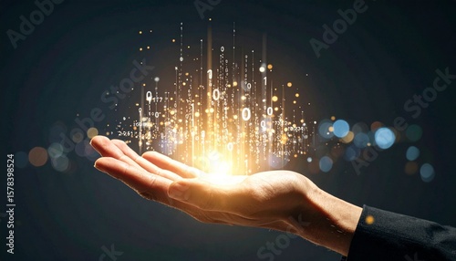 A composition with numerous numbers and data lines pouring like light onto a hand on a dark background
