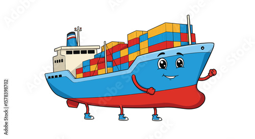 Cartoon cargo ship with friendly expression waving on a white background