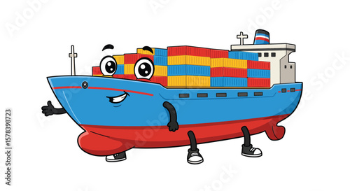 Cartoon Container Ship Character with Cargo Smiling and Giving a Thumbs Up for Shipping