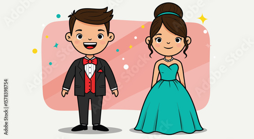Charming cartoon couple dressed elegantly for a special social event or formal occasion