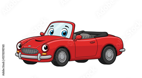Cartoon red car with eyes, smile, vintage design, ready for adventures, fun and travel