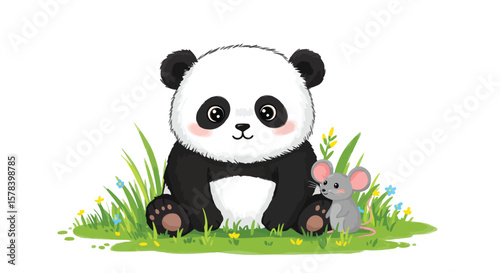 Charming illustration of a panda and mouse in a vibrant meadow setting for children's art