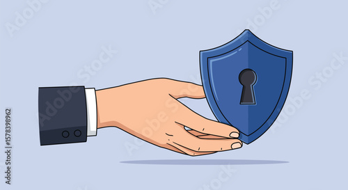 Hand Holding a Blue Shield with a Keyhole Symbolizing Protection and Security