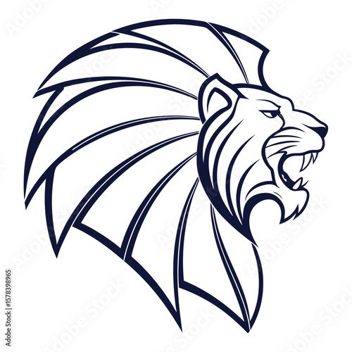 Illustration of a lion head with a mane outlined in black and white roaring to the right side view