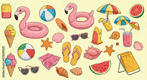 Summer beach essentials collection featuring flamingo floaties, refreshments and fun elements
