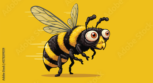 Whimsical bee illustration on yellow background depicting speed and comical expression