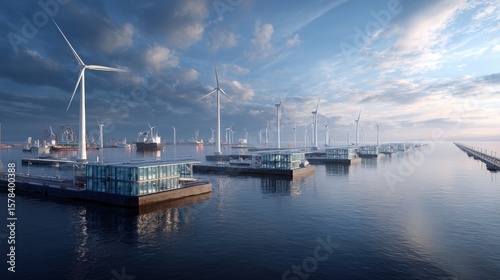 Blue economy dockyard building offshore wind turbines using recycled ocean plastics