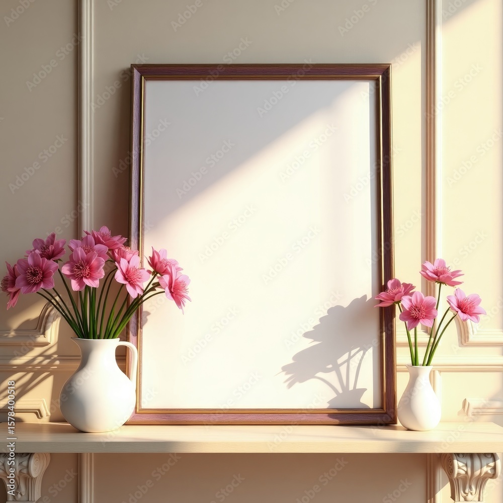 Elegant Empty Frame Mockup Pink Flowers White Vases Classic Mantelpiece Setting for Art Design or Presentation Elegant Empty Frame Mockup Pink Flowers White Vases Classic Mantelpiece Setting for Art Design or Presentation