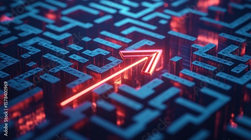A bright red arrow points the way through a complex maze.  It suggests navigating challenges