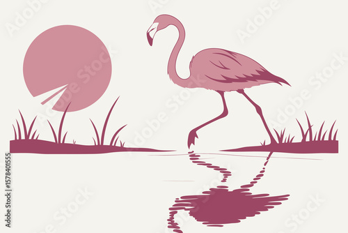 A flamingo standing in water with a reflection and a sun in the background in pink hues