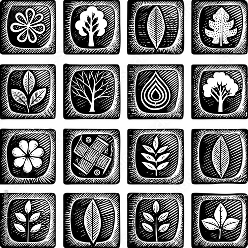 Minimalist eco-friendly leaves icon pack, showing plant, herbal, organic, and tree symbols in thin line design