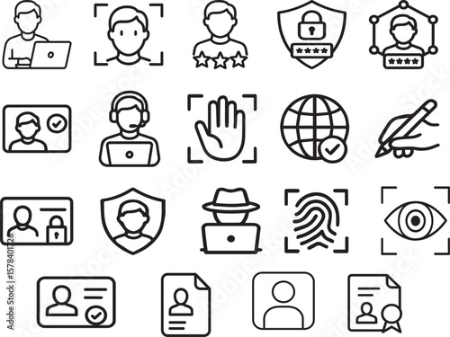 Digital Identity Vector Icon Set | Editable Line Weight | Authentication, Biometrics, Cybersecurity, Privacy, Fingerprint, Face recognition, Verification, ID card, Access, User security