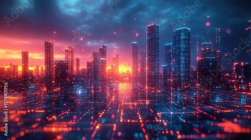 Vibrant digital cityscape with illuminated skyscrapers and glowing grids, showcasing technology.
