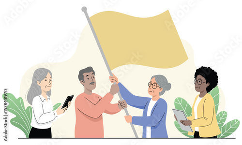 Older people holding flag in teamwork concept