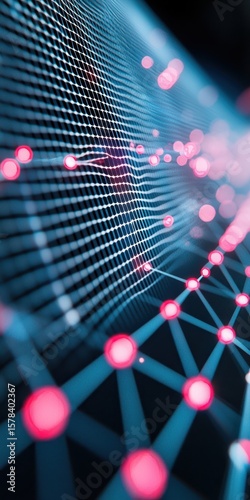 Abstract Network with Bright Nodes and Grids on Dark Background