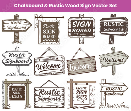 Rustic Chalkboard Wood Sign Collection Directional, Hanging, and Decorative Signboard Vectors
