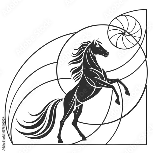 Silhouette of a rearing horse with flowing mane and tail against abstract geometric background design
