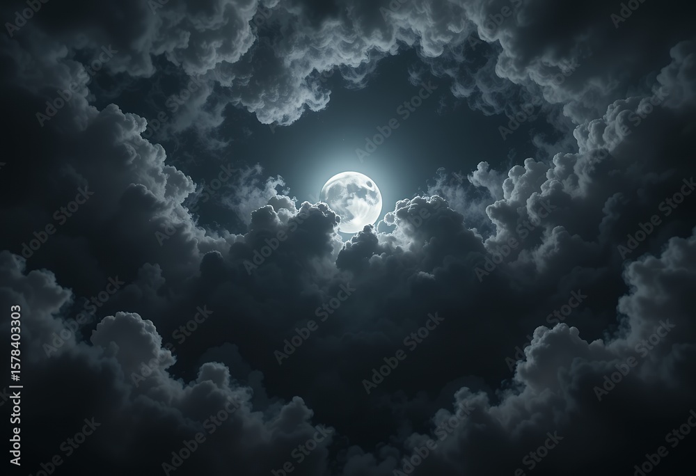 Obraz premium Full moon shining brightly through swirling dark clouds in a night sky creating a mystical