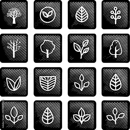 Ecology leaf icon set with thin lines, featuring plant, sprout, tree, and herbal elements in minimalist form