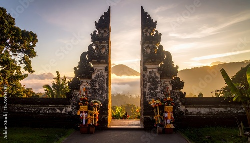 Bali Temple Gate at Sunrise with Volcano View.