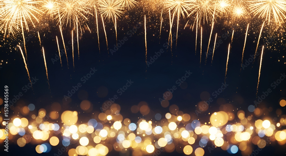 Fototapeta premium Golden fireworks bursting in night sky with bokeh lights in foreground, perfect for New Year, celebration, festival, holiday events, or party background