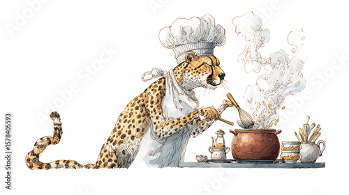 Culinary Cheetah in Chef Hat – Whimsical Kitchen Watercolor Animal Scene