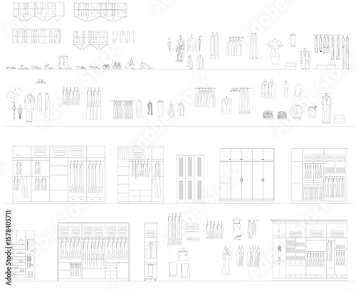 Wardrobe Design with Interior Accessories – 2D Floor Plan, Furniture Layout, Technical CAD Drawing, Vector Blueprint