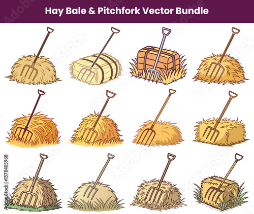 Cartoon Hay Bales with Pitchforks Set, Farm Agriculture Illustrations