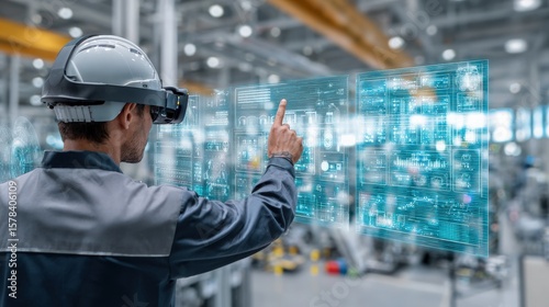 Industrial metaverse interface where engineers manipulate factory digital twin using gesture controls 