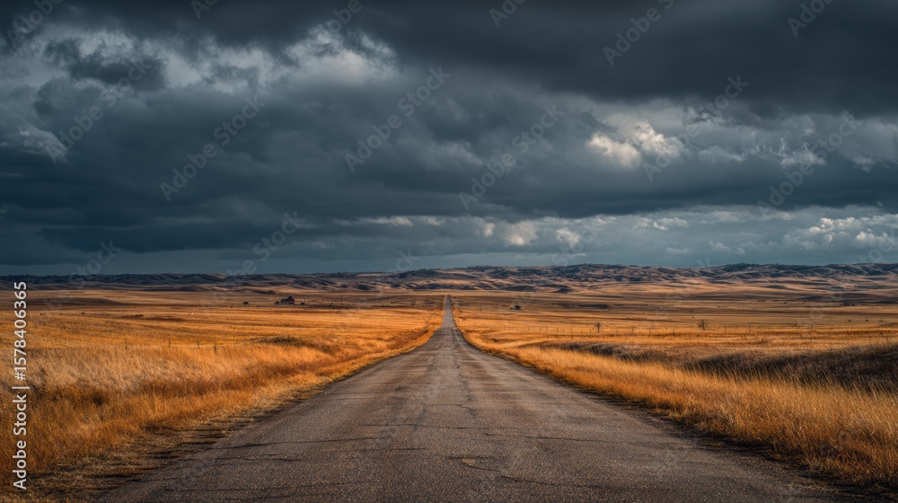 Naklejka premium A scenic road stretches through an expansive golden field under dramatic stormy clouds, showcasing nature's beauty.