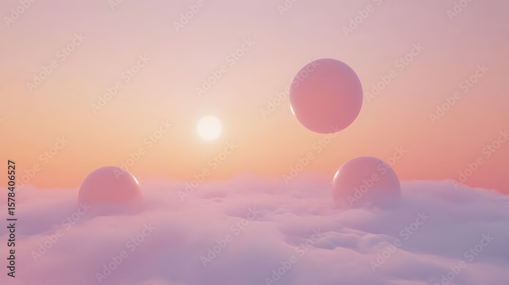 Fototapeta premium Ethereal spheres floating above clouds dreamlike pastel render