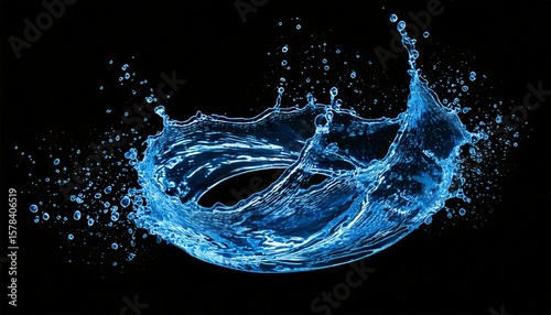 a blue water splash swirls shape micro speed photography , isolated on black background