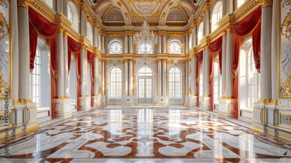 Obraz premium Opulent ballroom interior with marble floors, gold accents and dramatic light